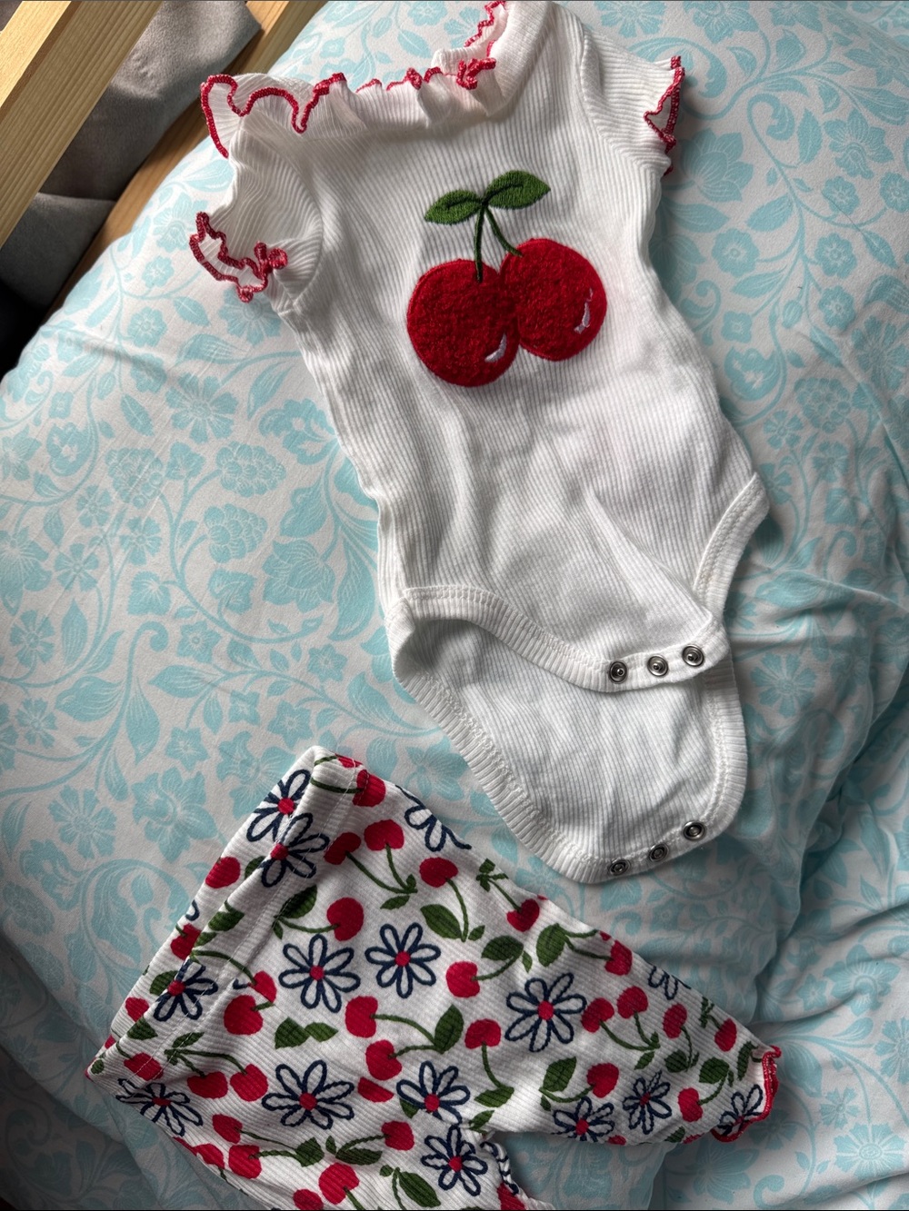 White Cherry Applique Ribbed Baby One-Piece with Floral Cherry Leggings